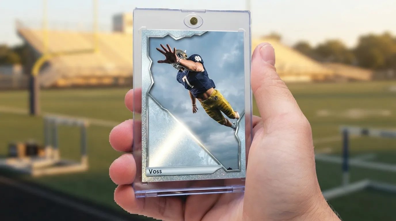 Hand holding magnetic case with icy blue senior banner trading card at golden hour.