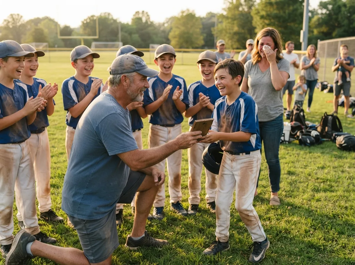 Coach and cheering teammates celebrate with young athlete on sunny sports field.