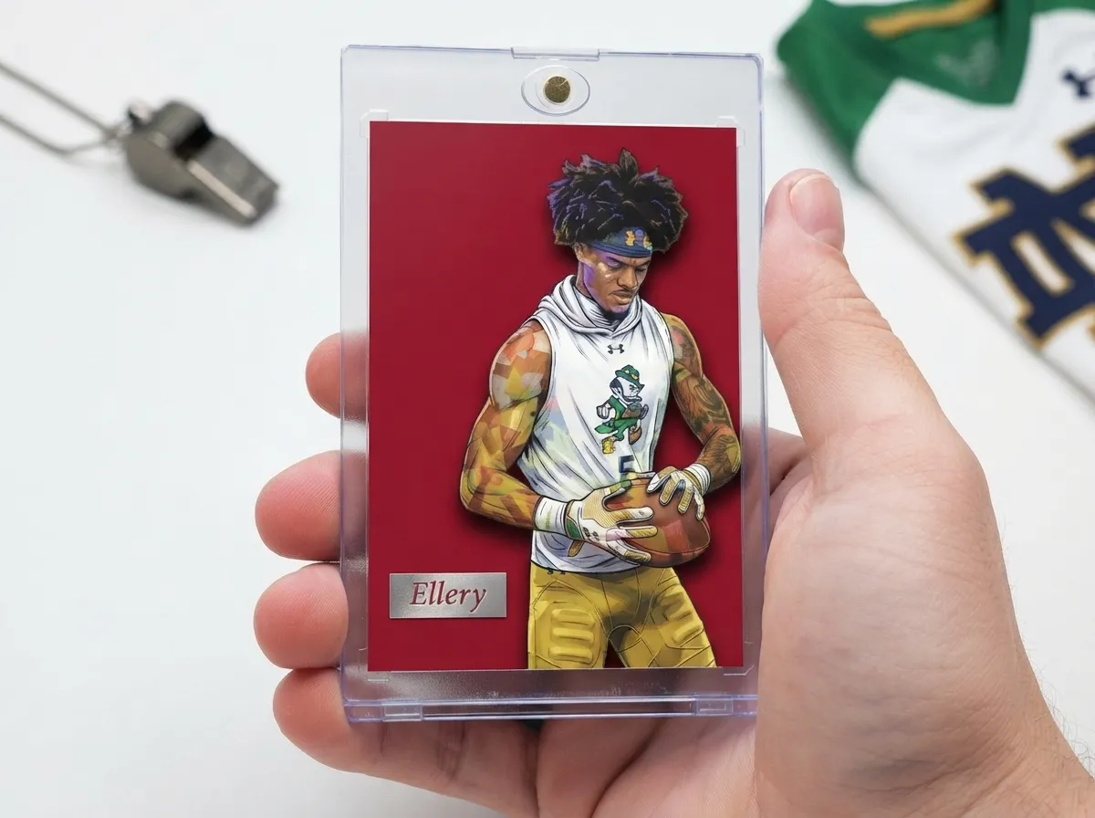 Magnetic case holding red editorial-style senior banner trading card with foil nameplate.