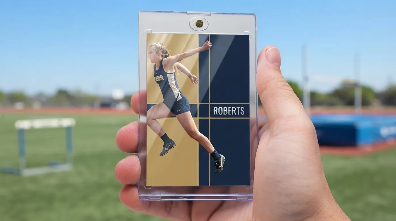 Custom trading card printed from a senior banner photo, displayed in a free magnetic case on a wooden table
