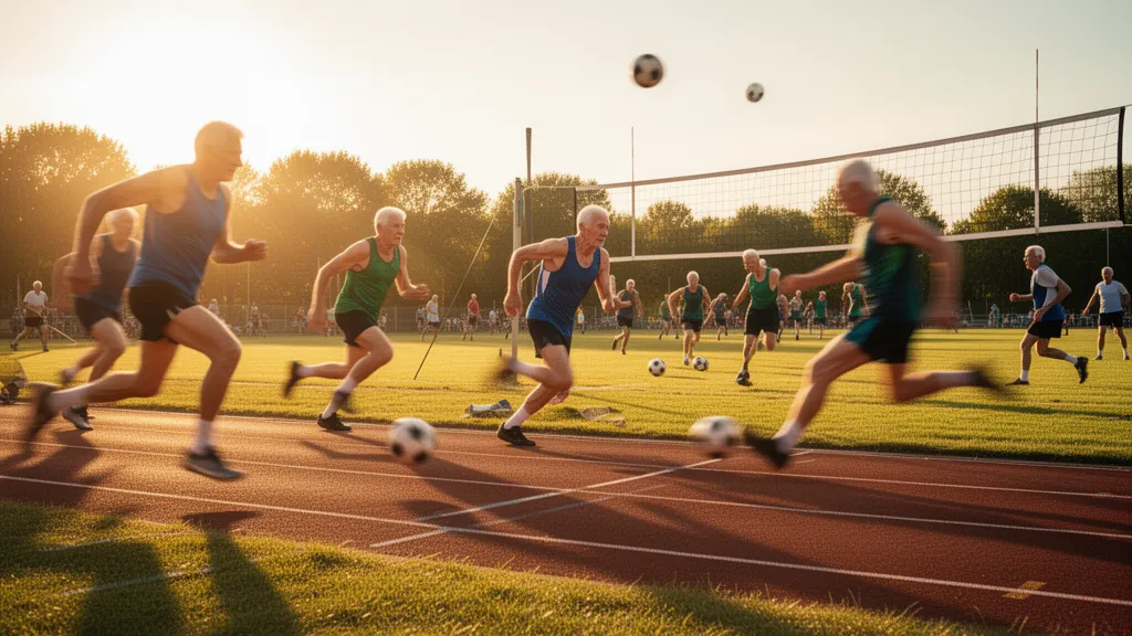 Senior athletes competing in various sports during outdoor competition with natural lighting and dynamic movement