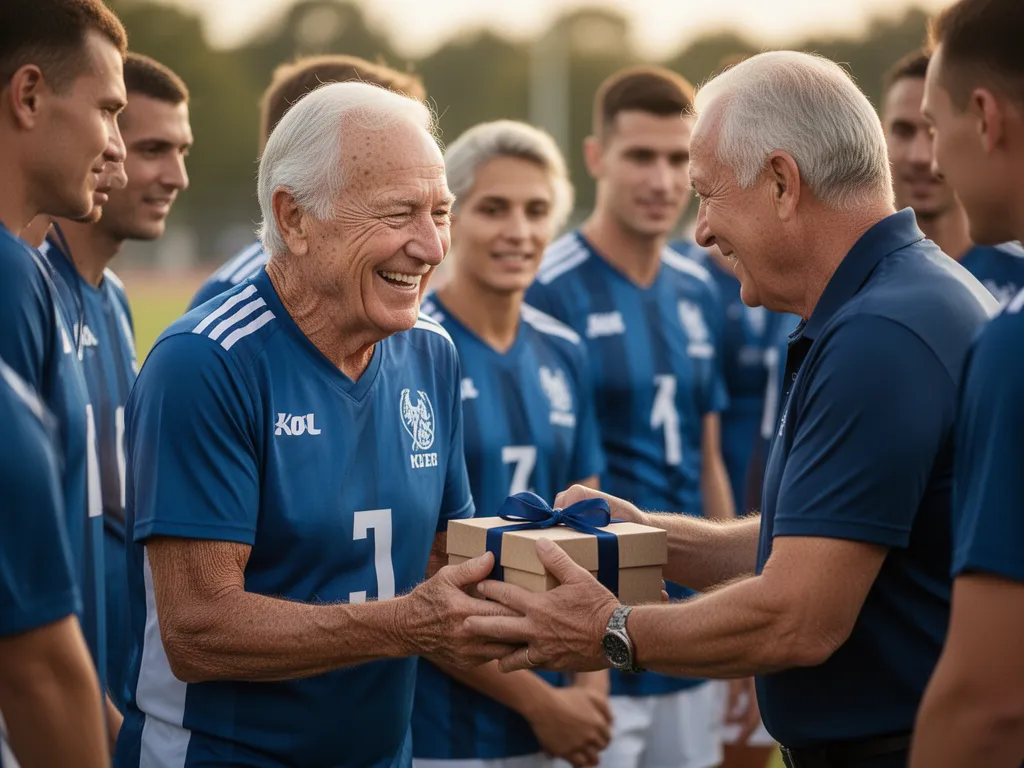 Senior athlete emotionally receiving a gift from coach or parent on sideline with genuine celebration