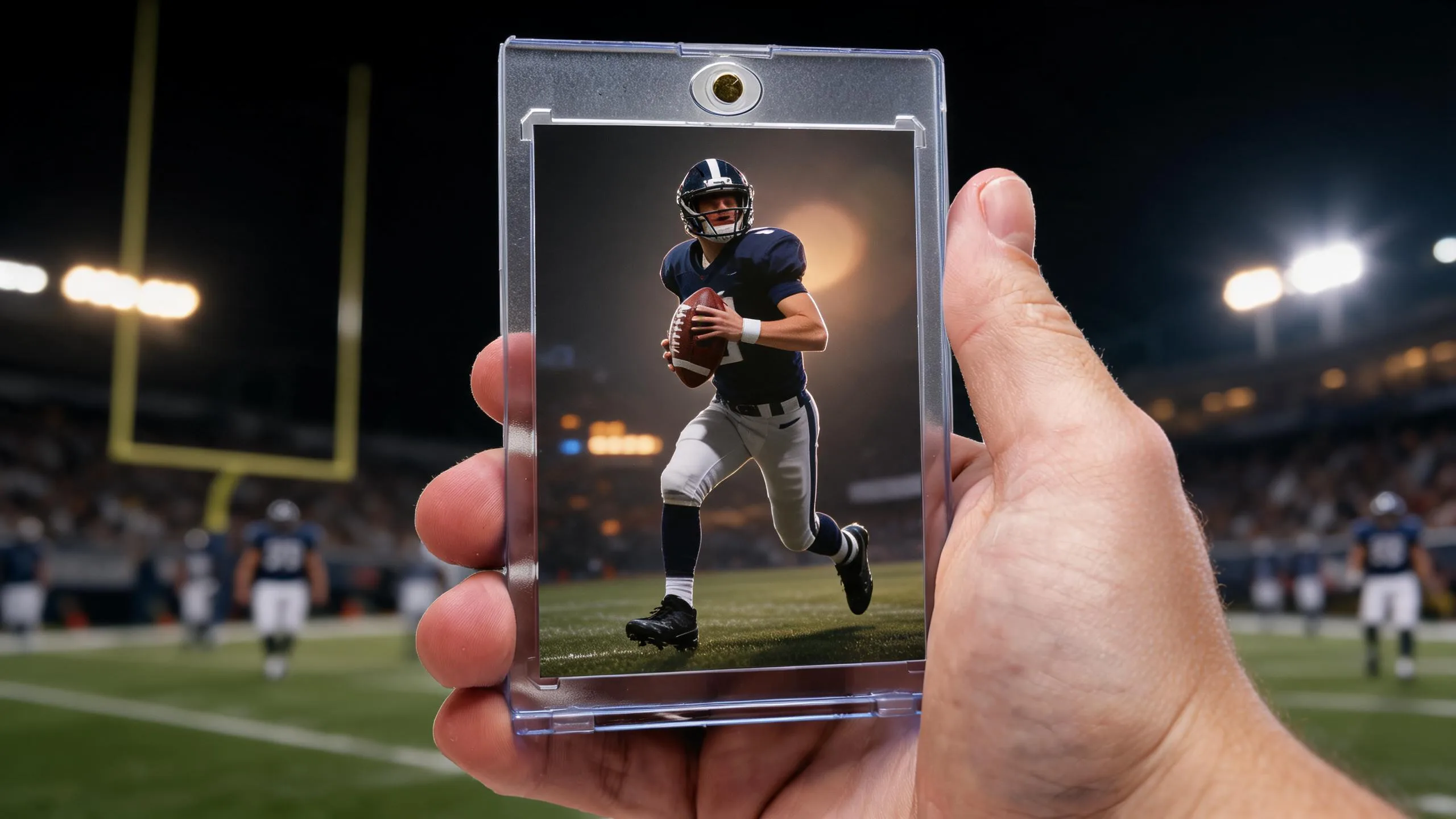 Hand holding senior football banner ideas keepsake card in a magnetic acrylic display case
