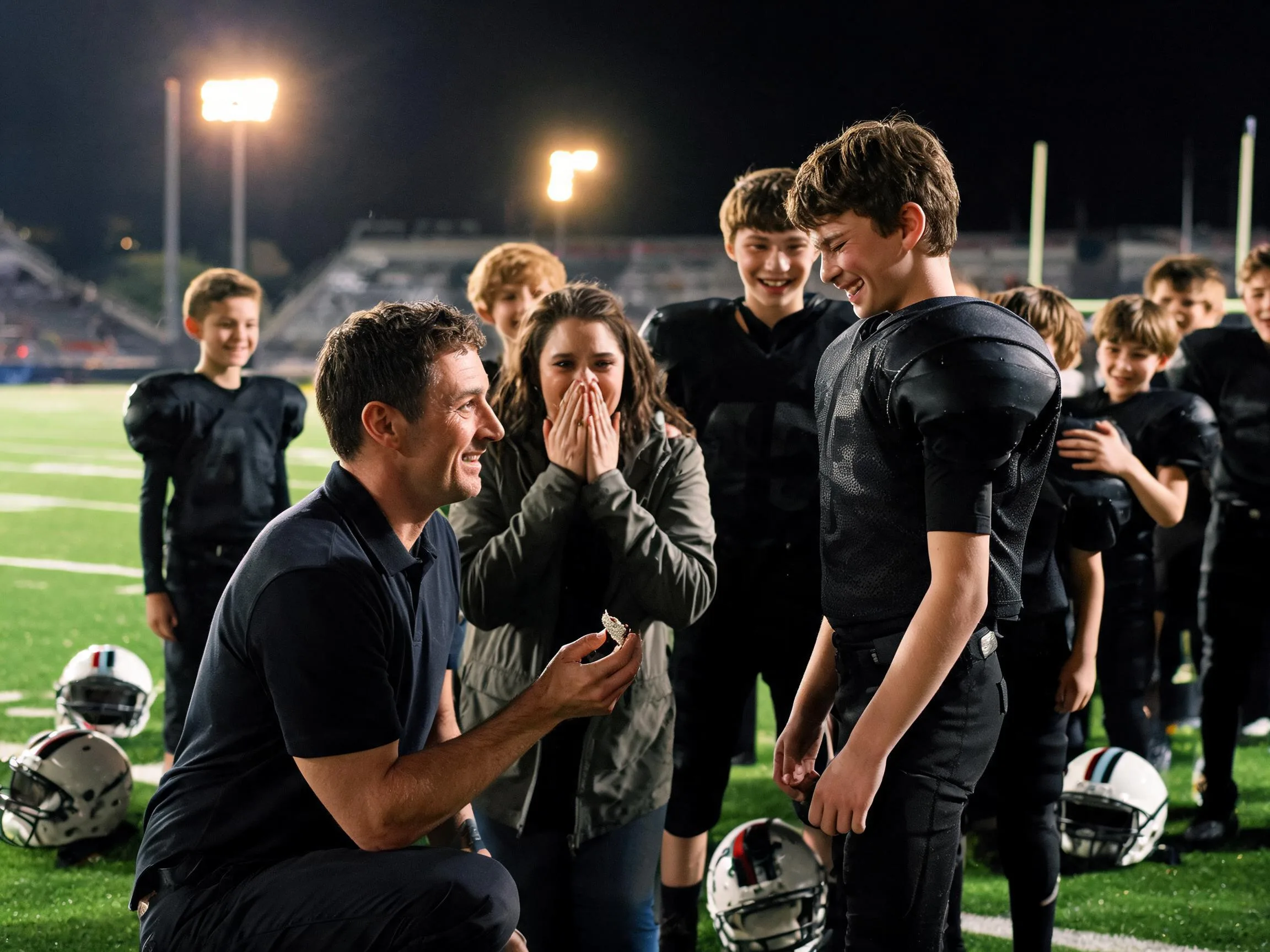Coach and proud parent celebrate with young athlete under Friday night stadium lights