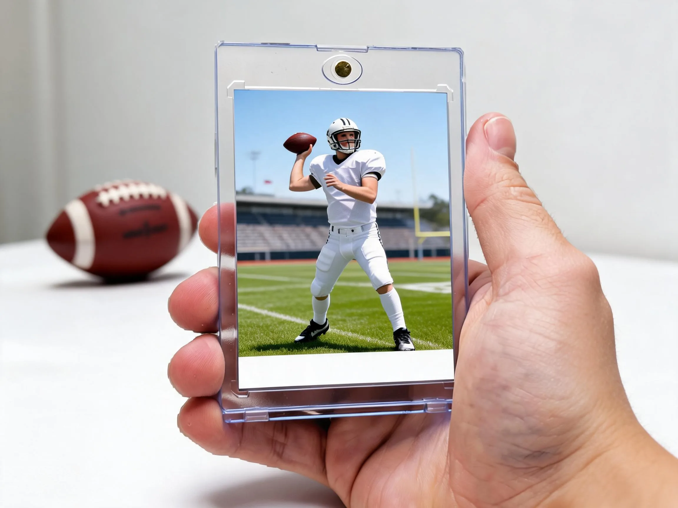 Custom football trading card in a magnetic acrylic case on a white tabletop