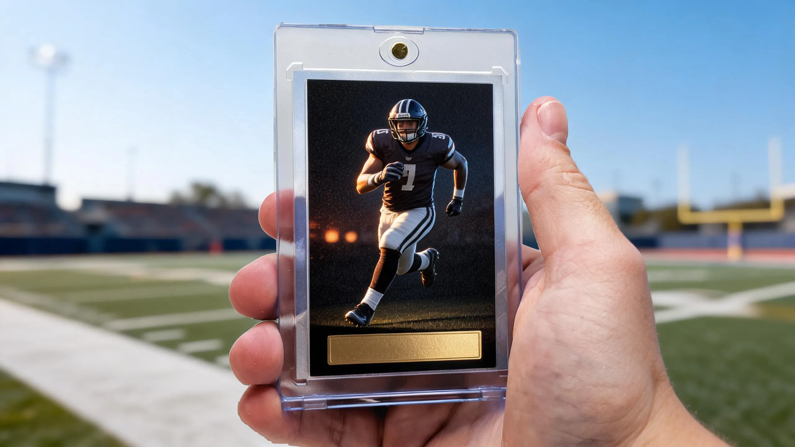 Hand holding magnetic case with senior football banner poses card, stadium lights blurred behind.