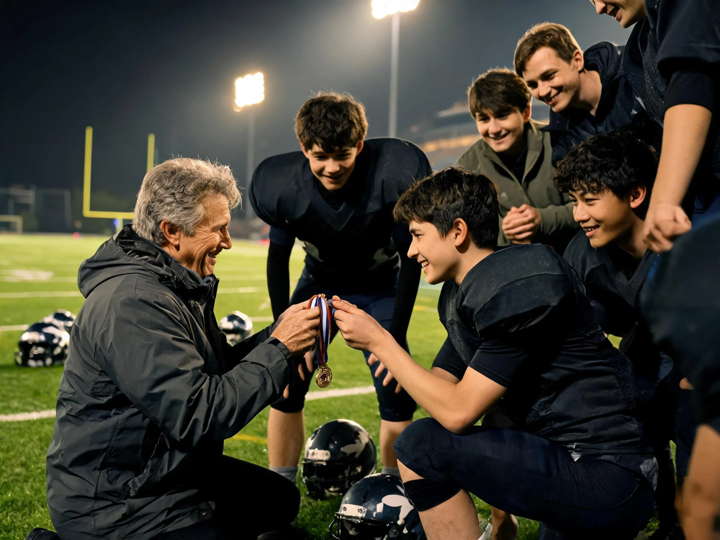 Coach and young athlete share a proud moment under Friday night football stadium lights.