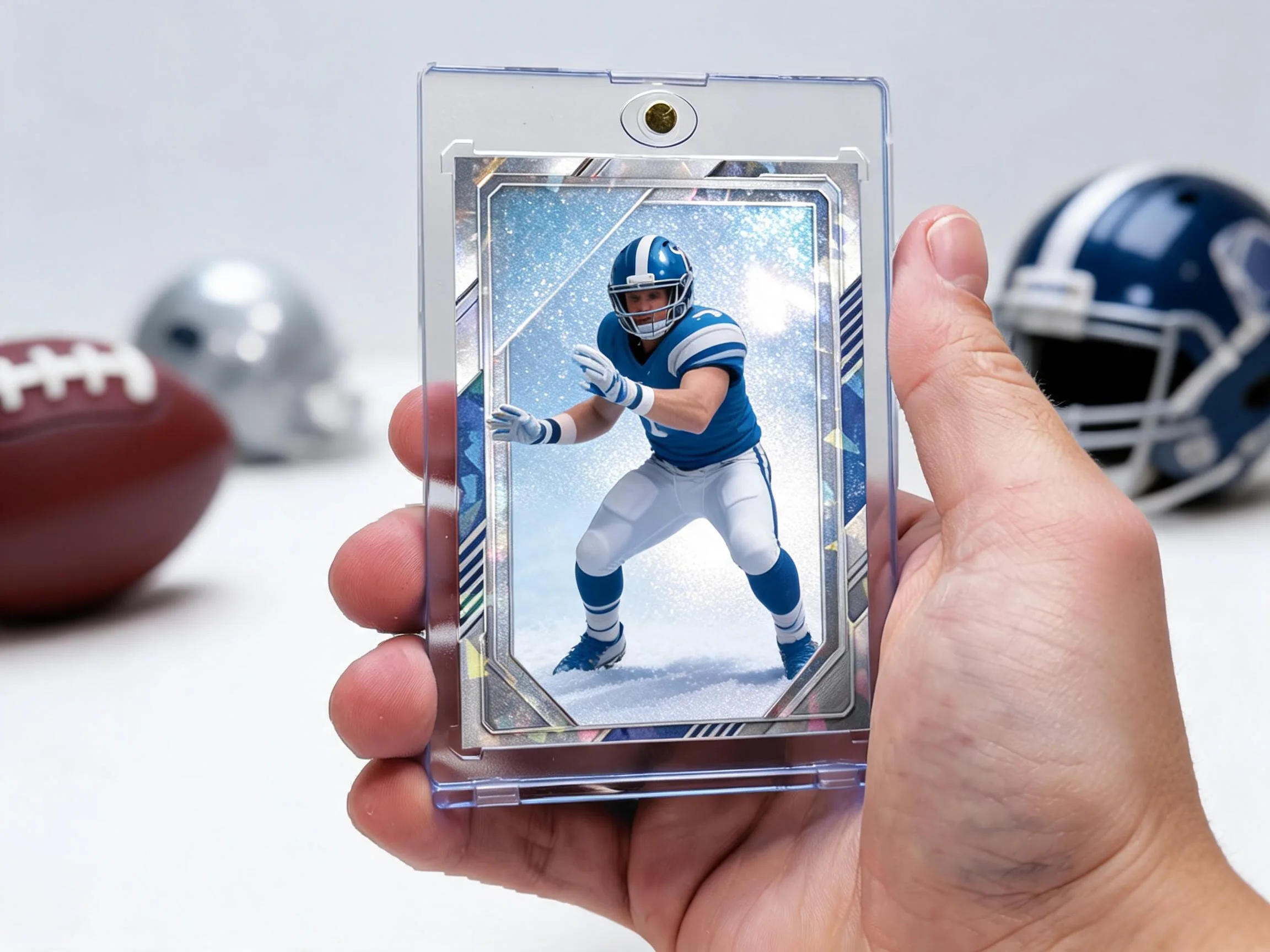 Custom football trading card in magnetic case standing on white tabletop display.