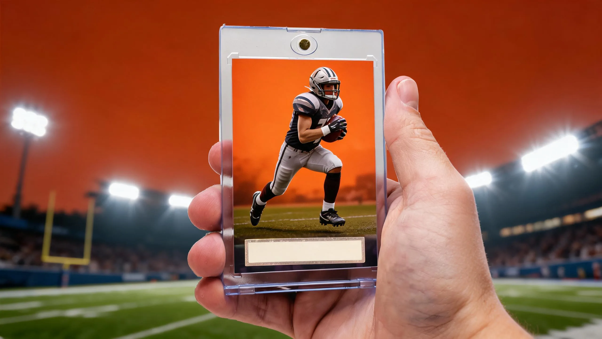 Hand holding senior football banner trading card case with running back design under stadium lights