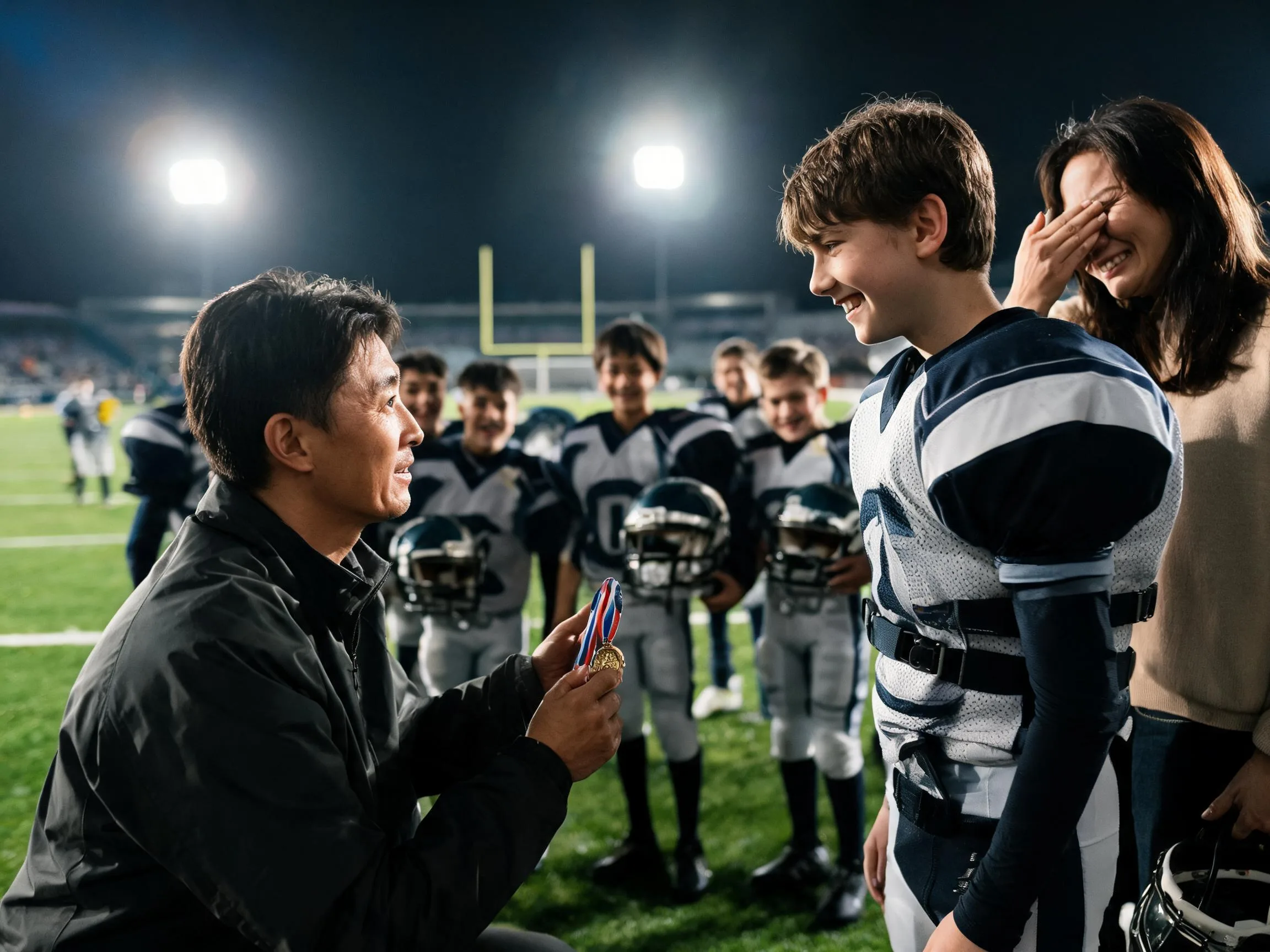 Coach and young football player share proud emotional moment under Friday night stadium lights