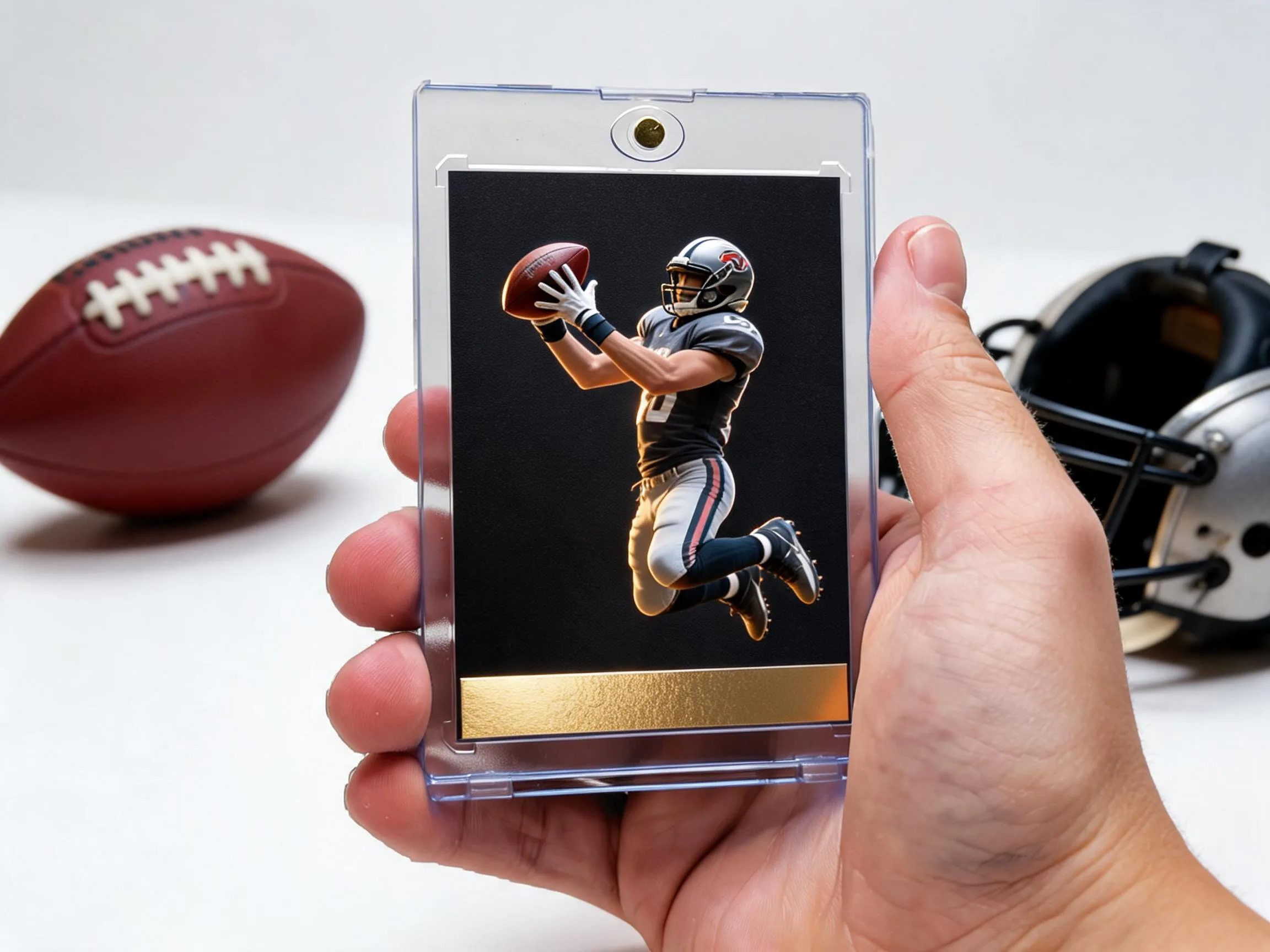 Custom football trading card in magnetic case showing receiver catch on dark linen design