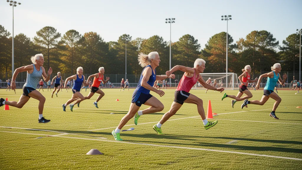Senior athletes competing outdoors in dynamic motion during sports activity with natural lighting