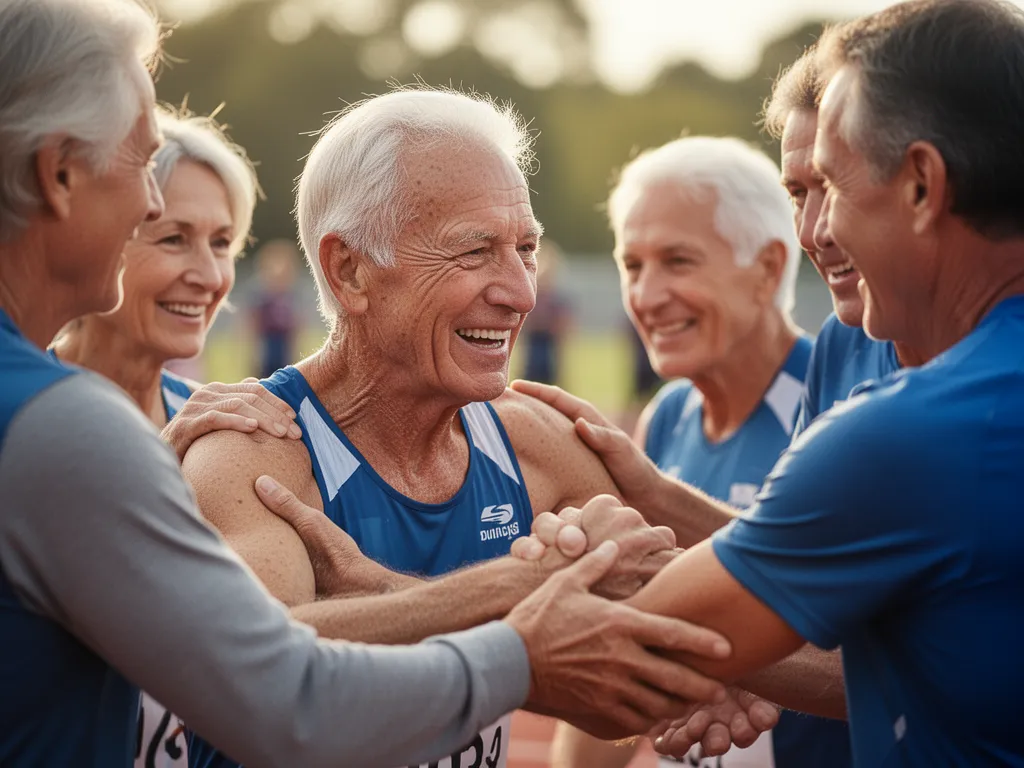 Senior athlete celebrating with teammates showing genuine emotion and connection after competition