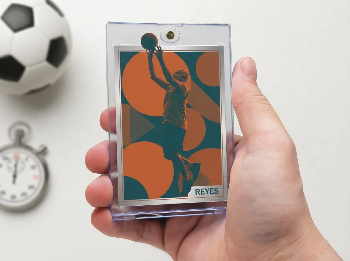 Custom sports trading card in a free magnetic case next to a printed senior night recognition banner