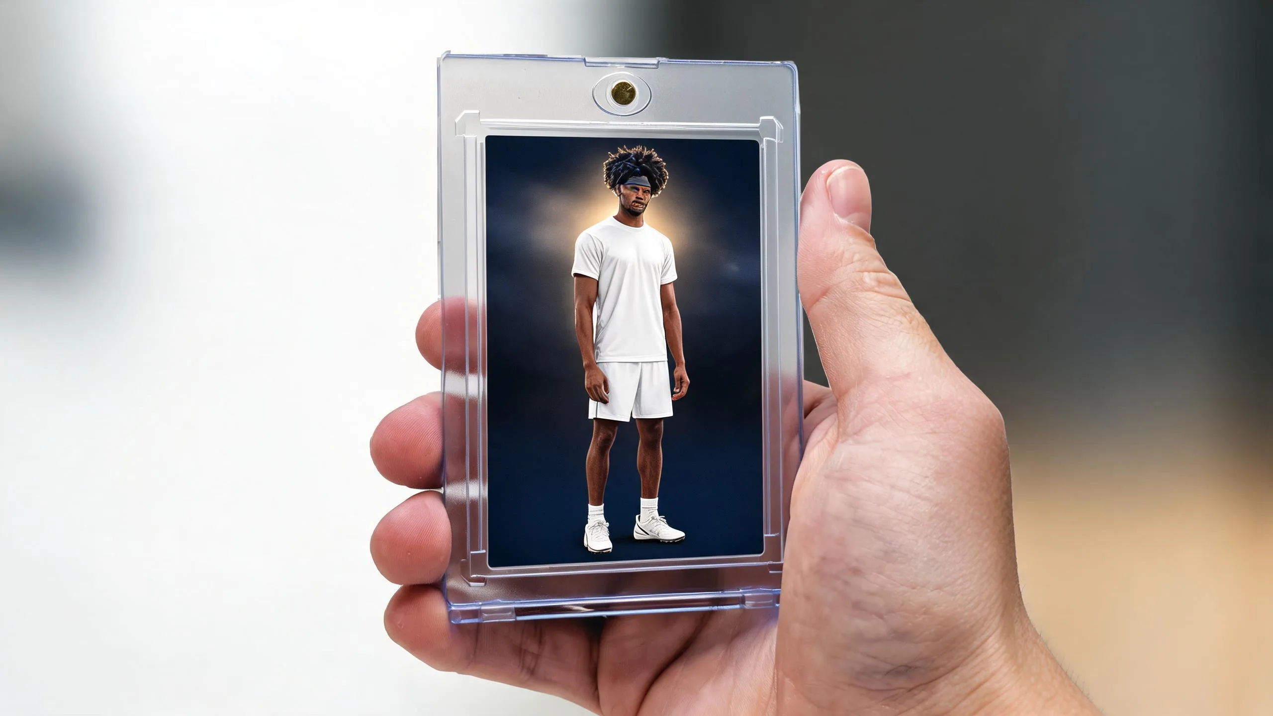 Hand holding magnetic case with senior night banner keepsake card of an athlete under stadium lighting.