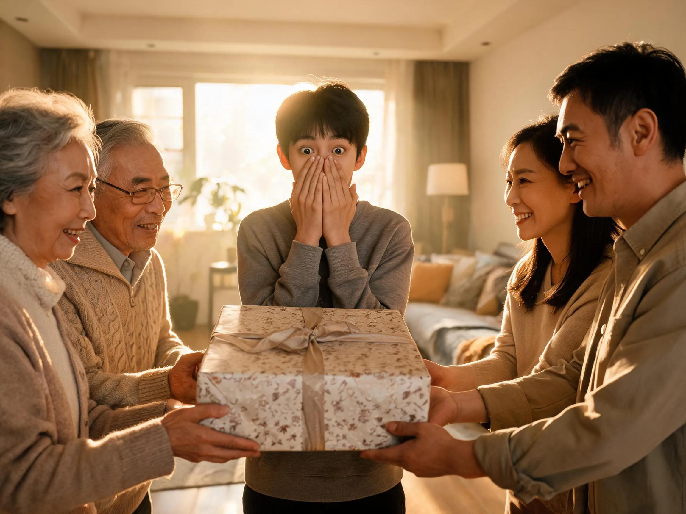 Family surprises a teenager with an unexpected gift, warm candid emotional reaction indoors.