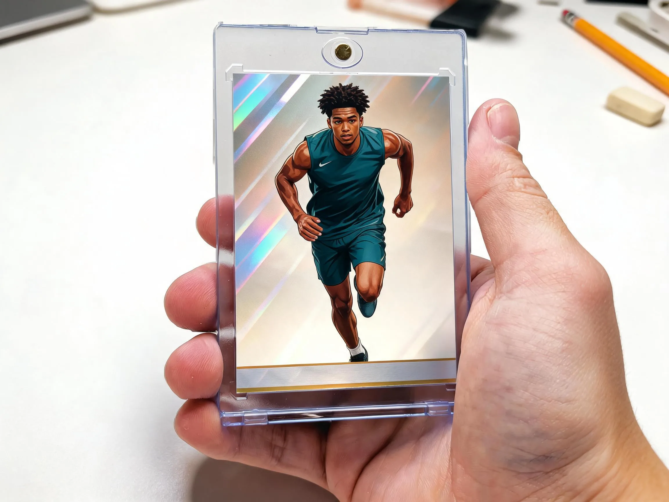 Custom keepsake trading card in magnetic case on white tabletop with foil accent bar.
