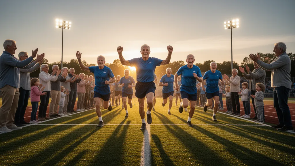 Senior athletes sprinting onto field during evening senior night celebration with cheering families visible along sidelines