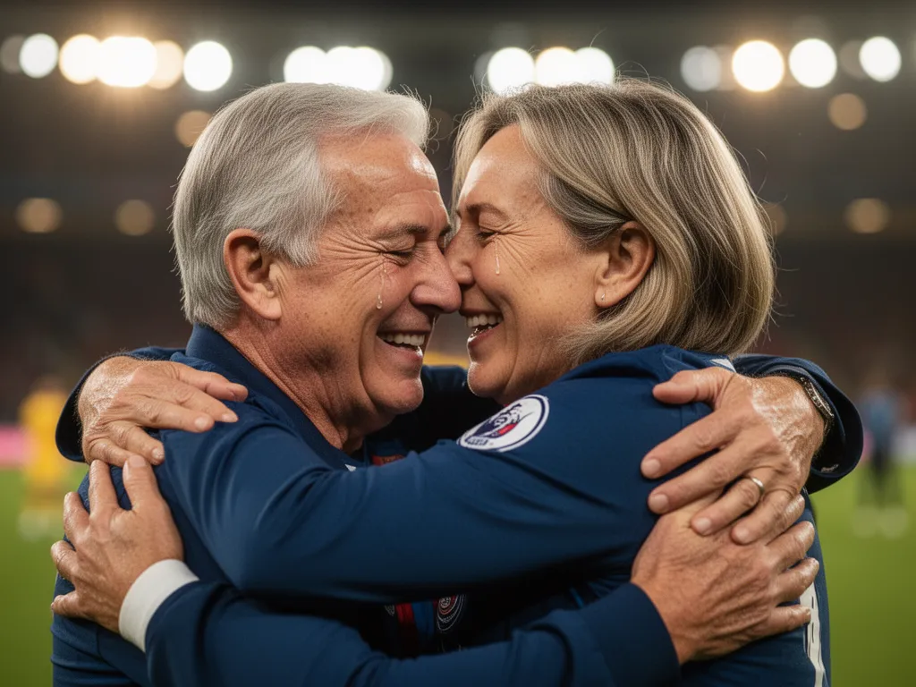 Senior athlete embracing parent in emotional moment on field during senior night recognition ceremony