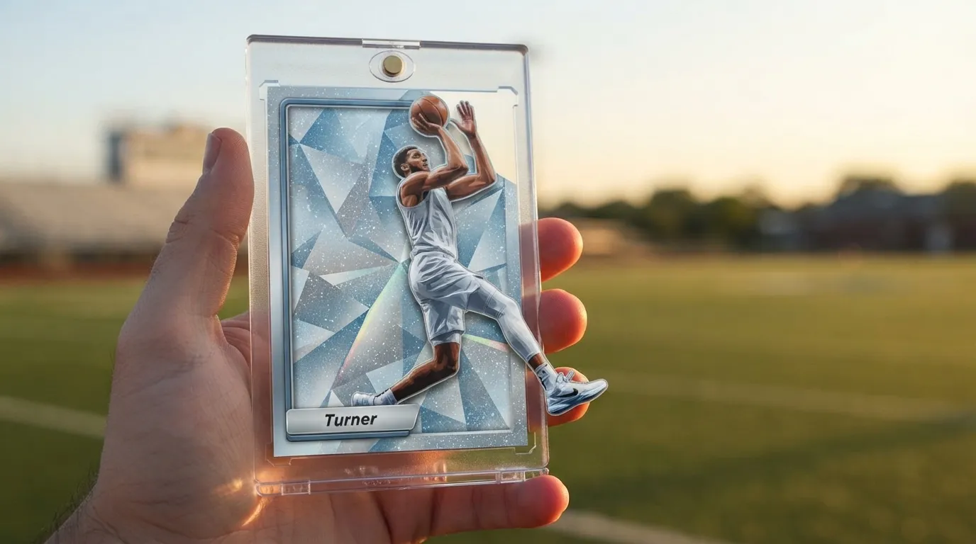 Hand holding magnetic case with icy blue senior night basket ideas basketball trading card design.