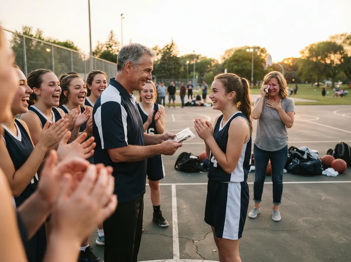 Coach and teammates celebrate with young athlete on court during emotional senior night moment.