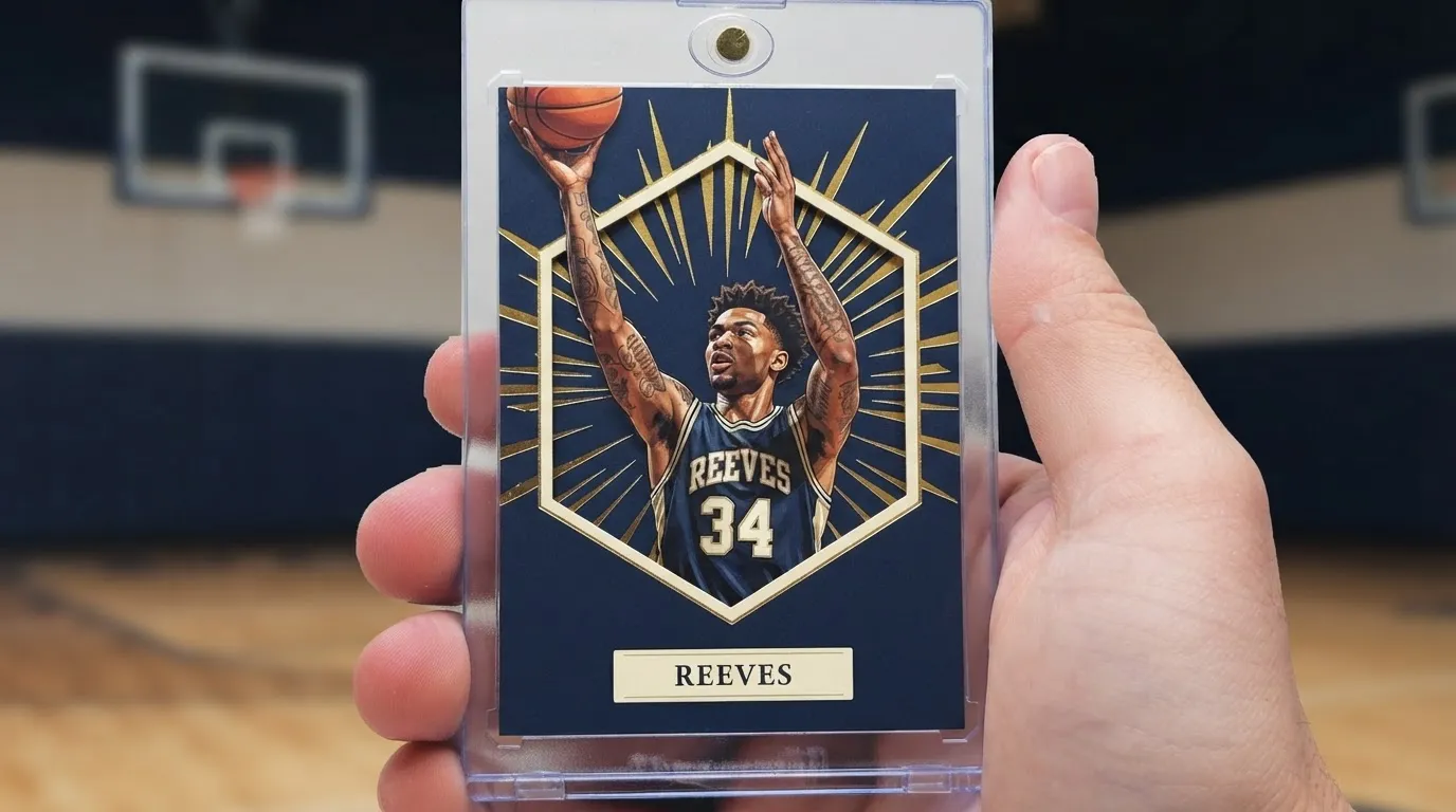 Custom senior night basketball trading card with player photo, stats, and jersey number in magnetic display case