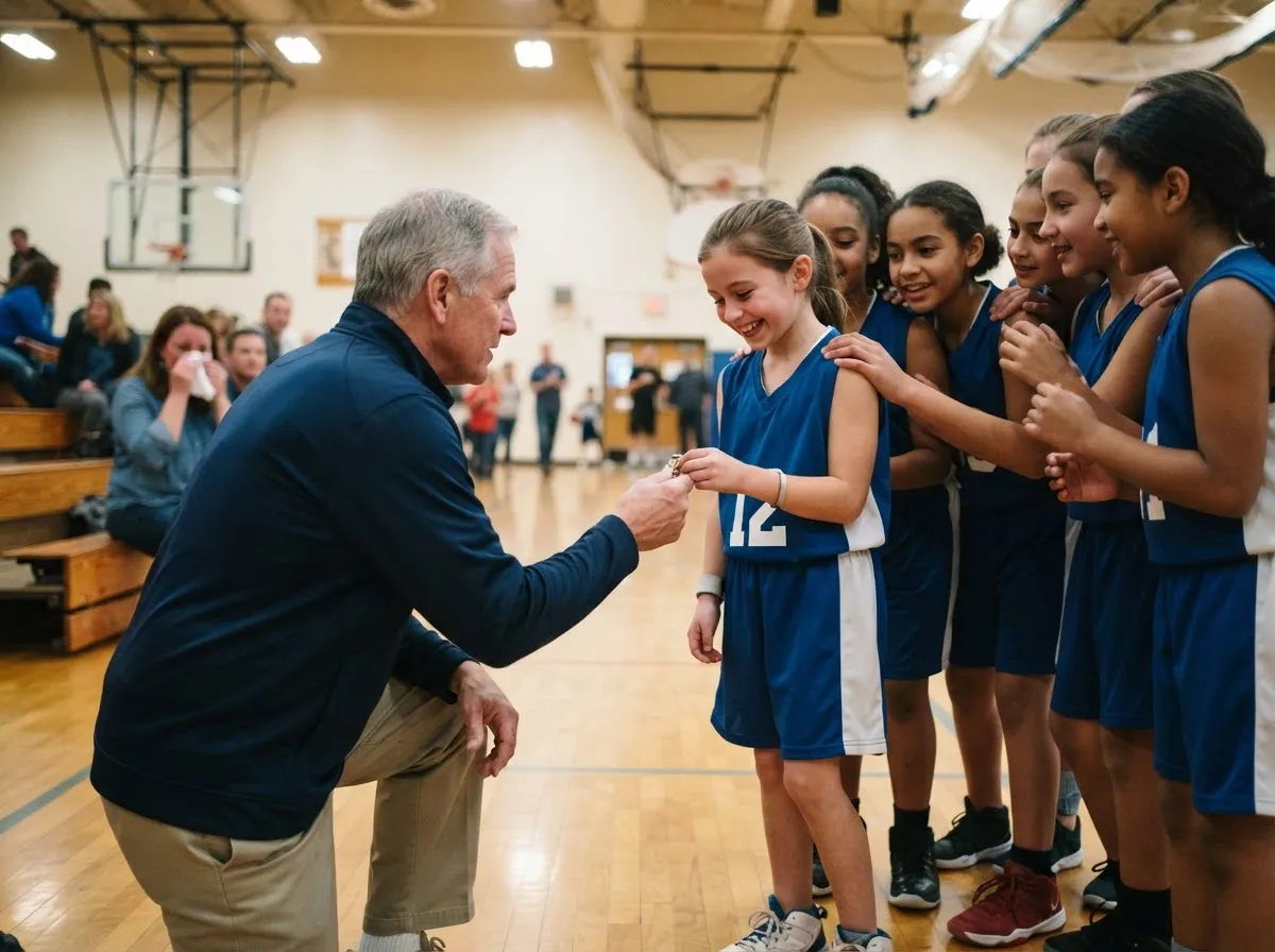 High school basketball senior holding a personalized trading card during a senior night ceremony on the court