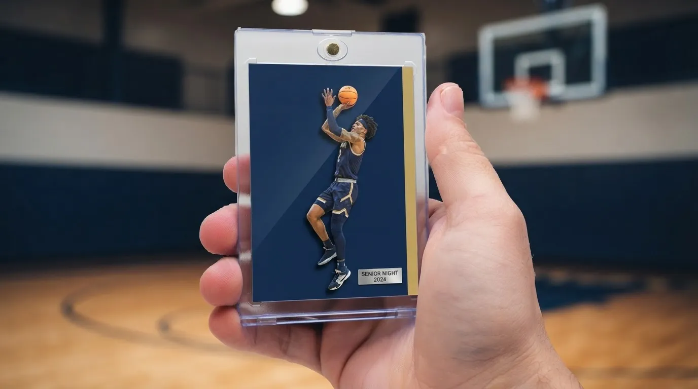 Hand holding magnetic case with senior night basketball trading card, navy and gold design.