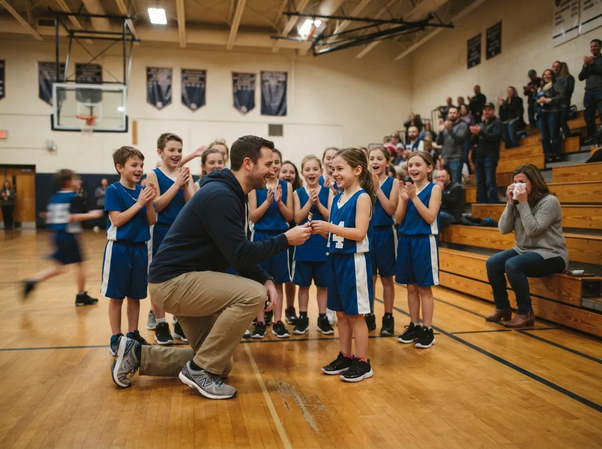 Coach and young athlete share proud emotional moment on gymnasium basketball court together.