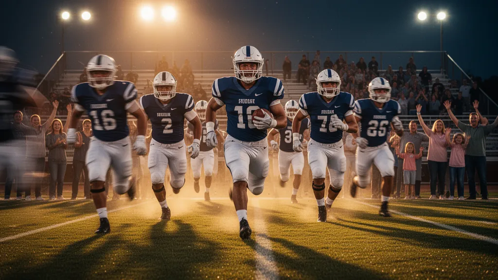 Senior football players sprinting onto illuminated field with cheering crowd visible in background bleachers