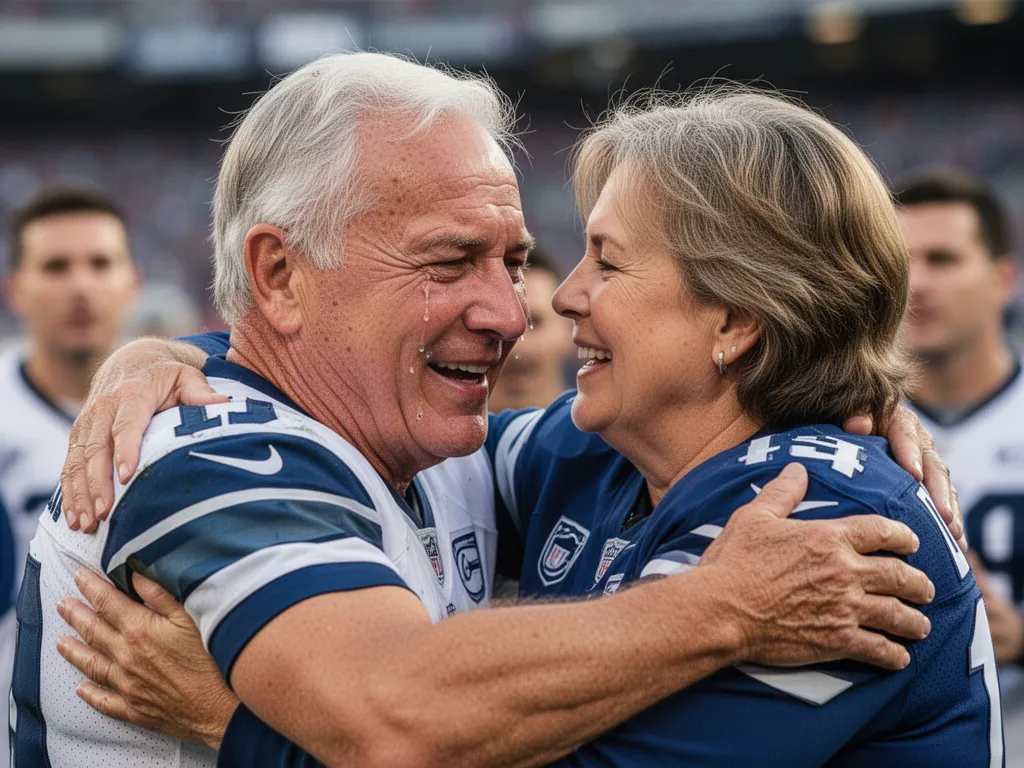 Senior football player hugging proud parent on sideline showing emotion and celebration moment