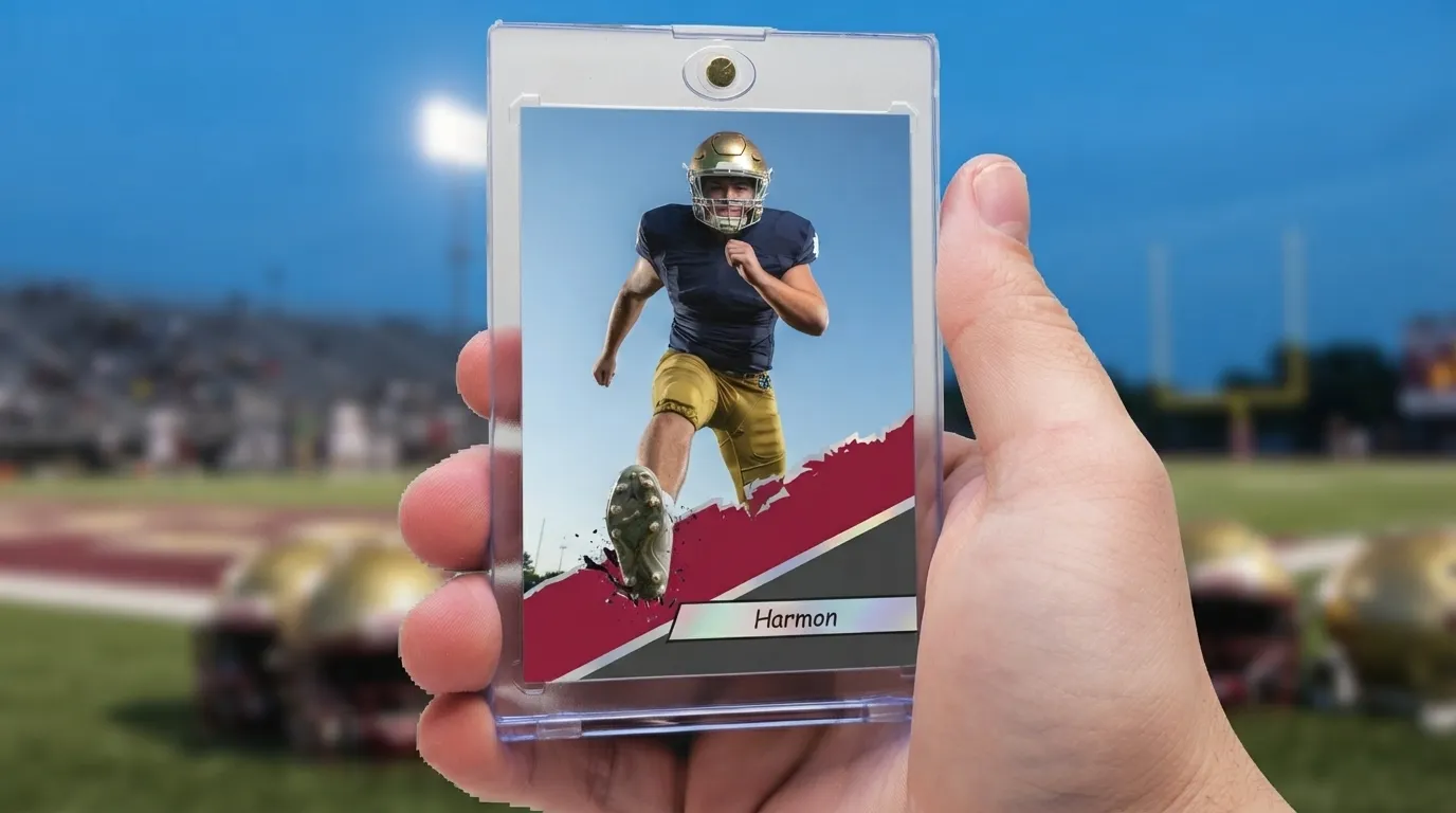 Custom senior night football trading card featuring a high school player in uniform on premium card stock with magnetic case