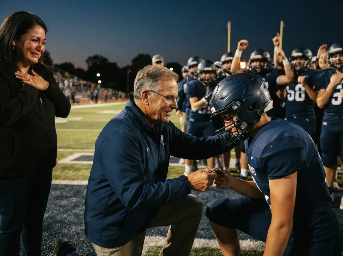 Parent presenting a custom football card to their son on the field during a senior night ceremony