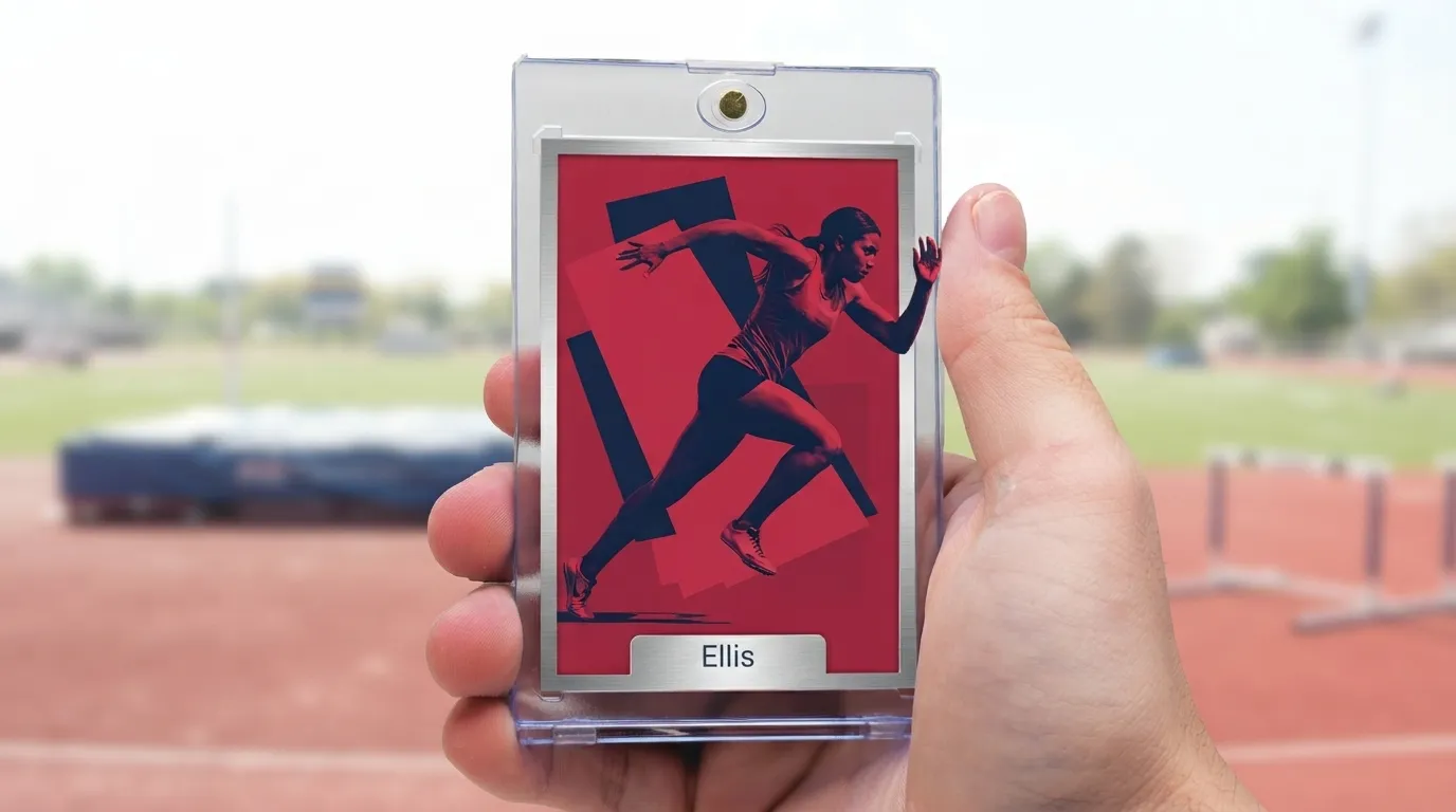 Hand holding magnetic case with a duotone senior night gift basket ideas trading card on a field.