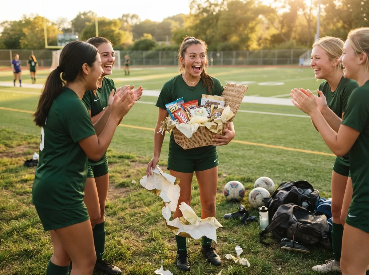 Teen athlete on a sports field laughing in surprise while unwrapping a senior night gift basket.