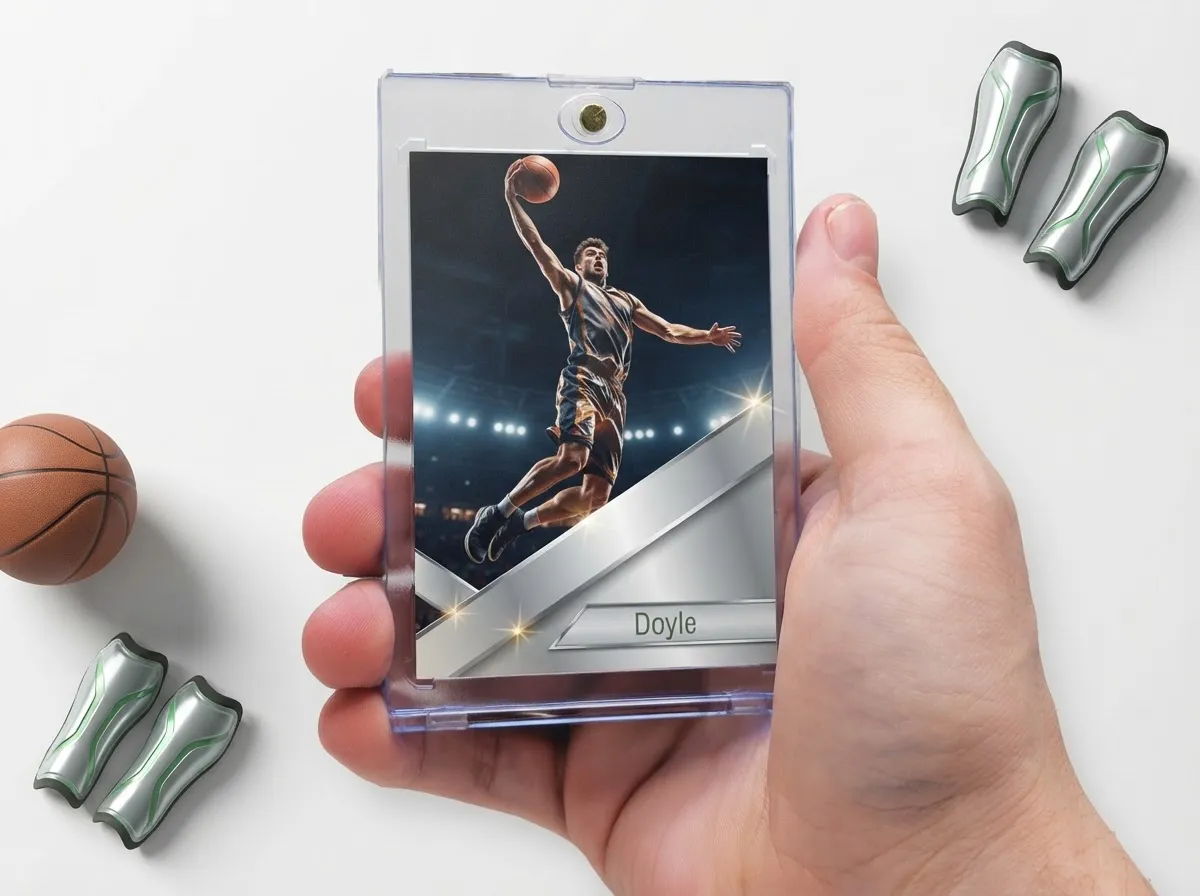 Custom sports trading card in magnetic case with chrome diagonal frame on white tabletop.