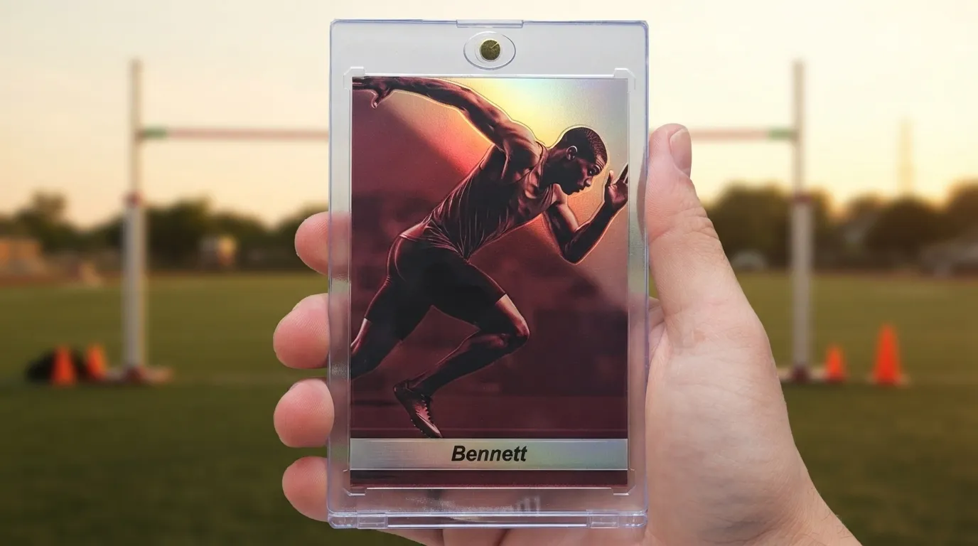 Hand holding magnetic case with senior night gifts trading card of sprinter mid-stride.