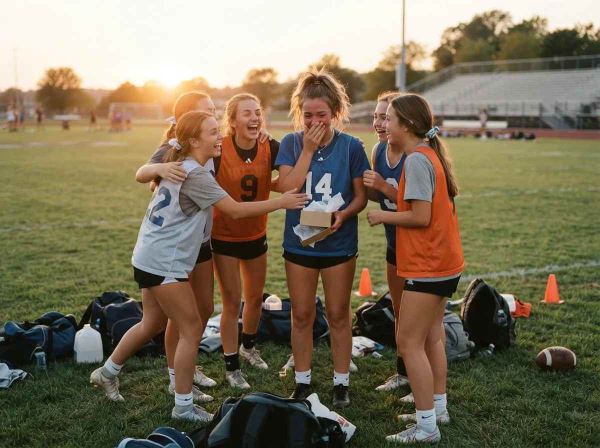 Teen athletes celebrating a joyful gift-giving surprise together on a sunlit sports field.