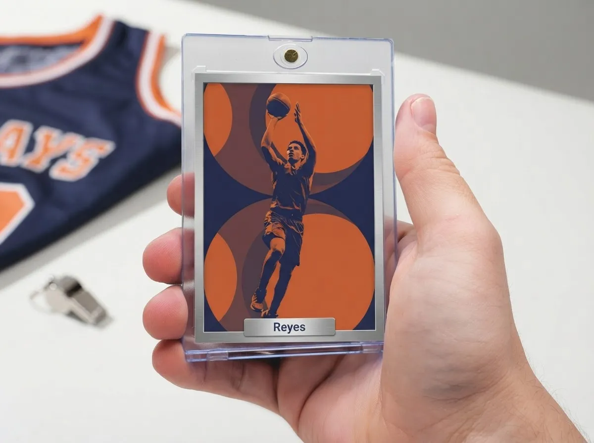 Custom sports trading card in magnetic case showing duotone basketball player design.