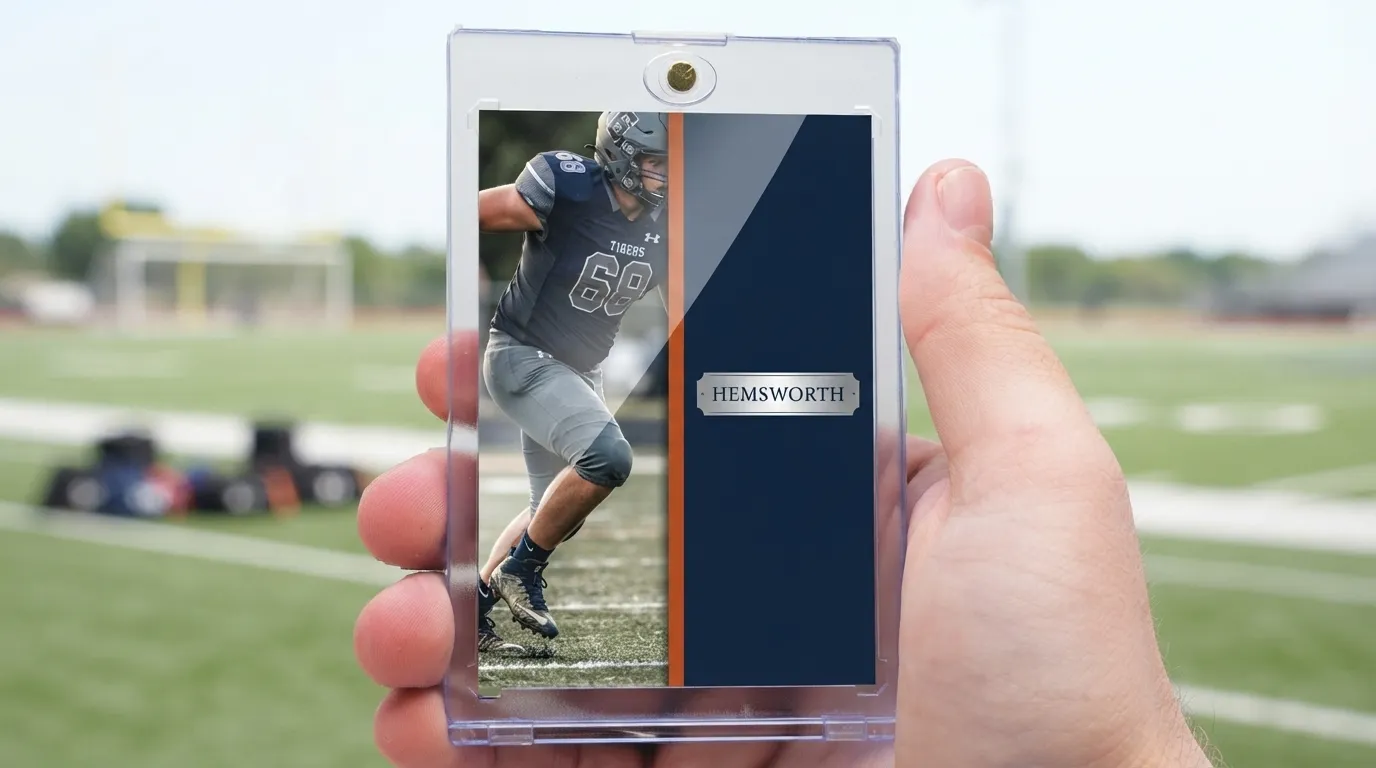 Hand holding magnetic case with senior night ideas football card, sharp action photo and foil nameplate.