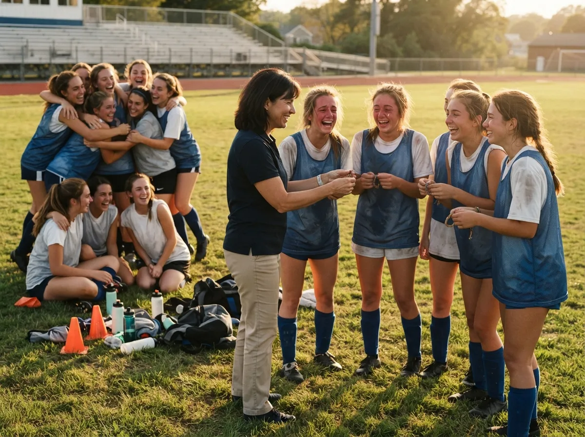 Coach and emotional high school teammates huddle together on the field at senior night.
