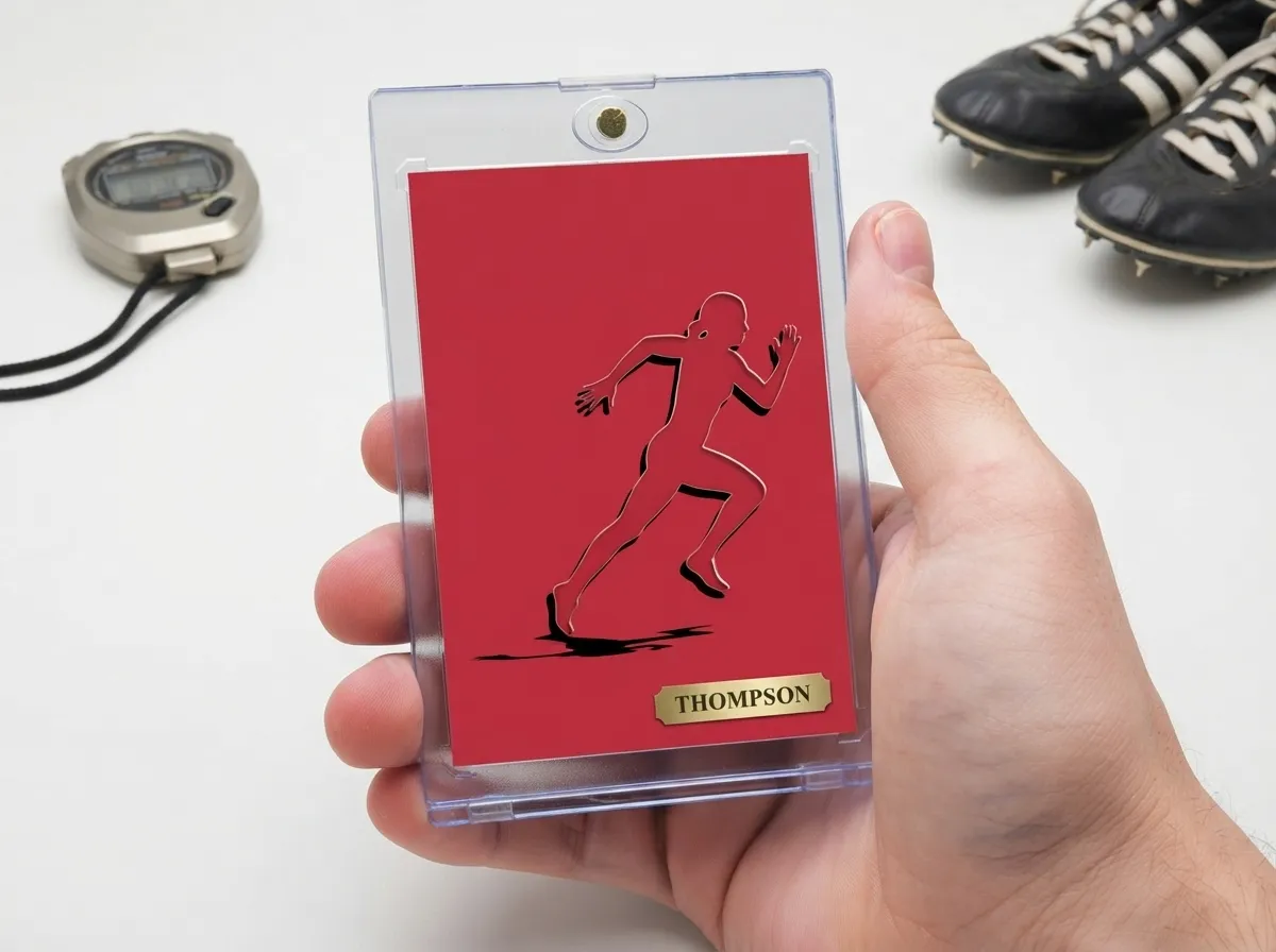 Custom sports trading card in magnetic case showing isolated sprinter on red background.