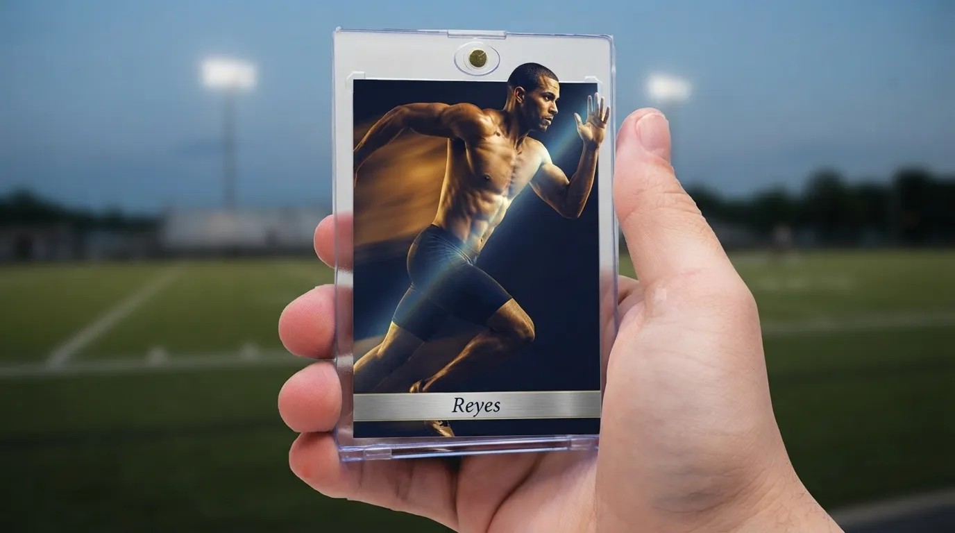 Printed senior night card on premium card stock in a free magnetic case held up during a stadium introduction ceremony