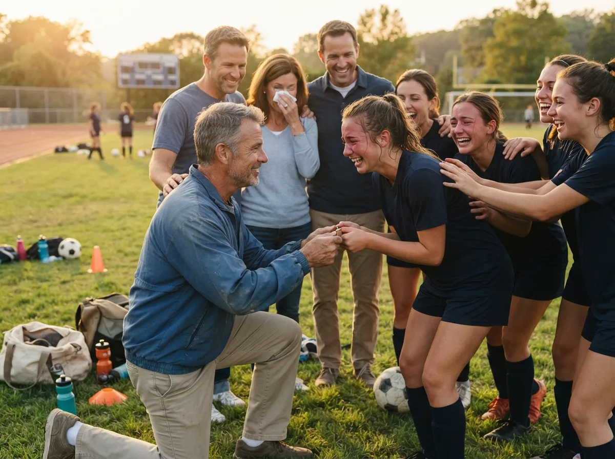 Family holding a printed senior night keepsake card instead of a traditional poster board during a fall sports ceremony