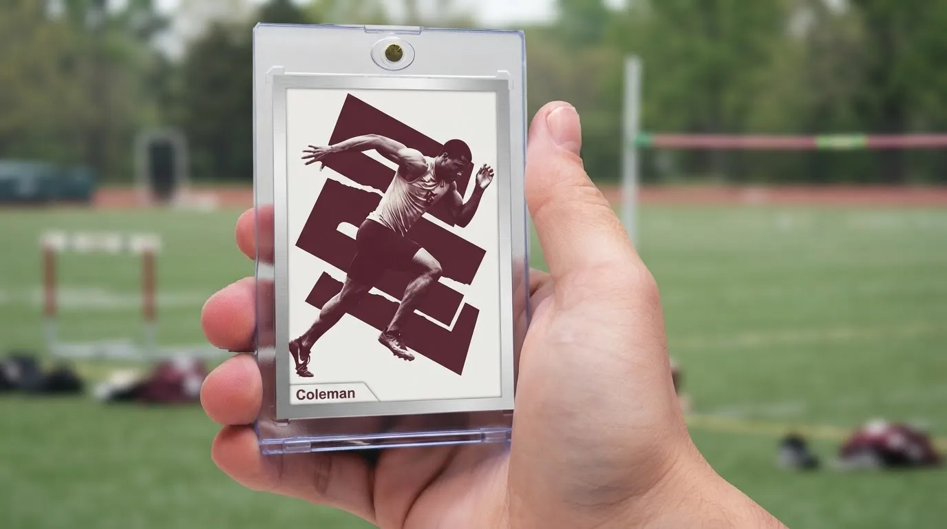 Hand holding magnetic case with duotone senior night poster ideas trading card, athlete mid-stride design.