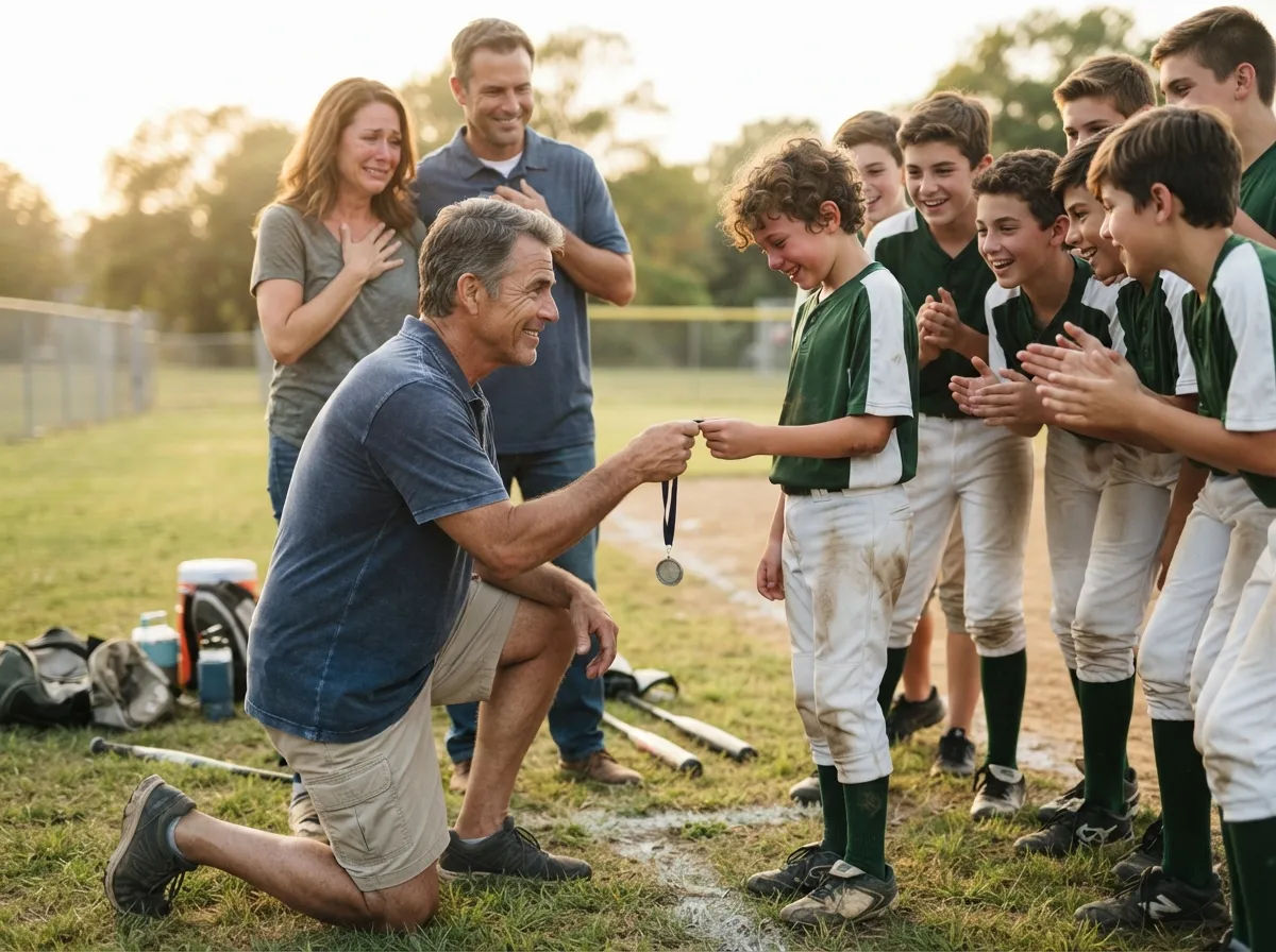Coach and young athlete share emotional senior night moment on field as teammates celebrate nearby.