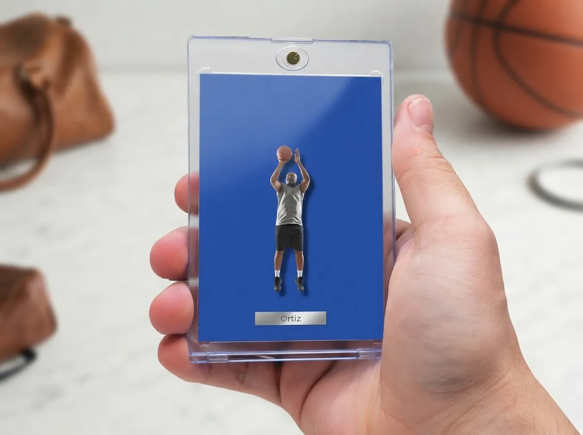 Custom sports trading card in magnetic case, cobalt editorial design with isolated athlete and foil nameplate.