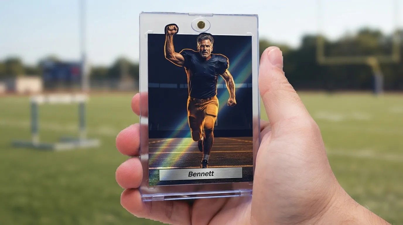 Hand holding magnetic case with senior night poster trading card of athlete breaking the frame.