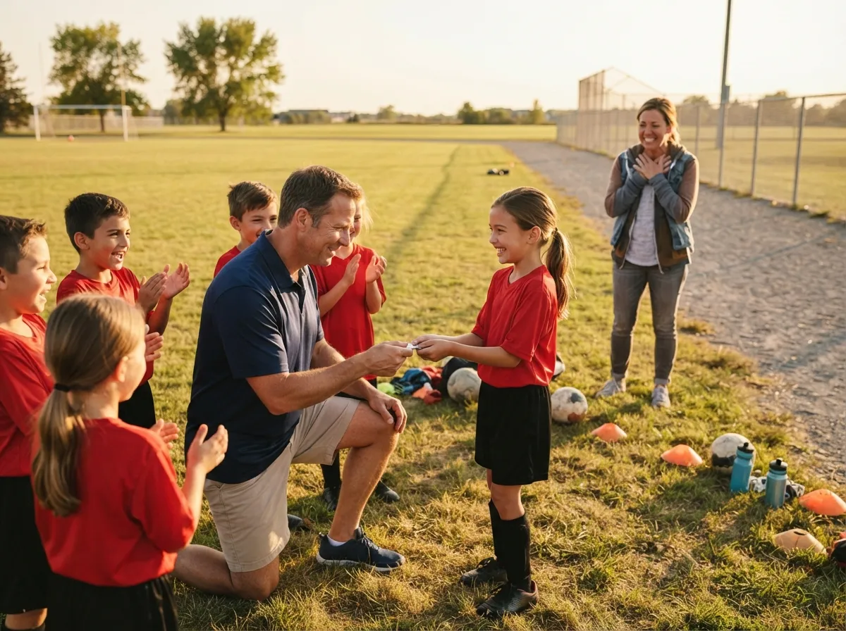 Coach and young athlete share an emotional senior night moment on the field together.