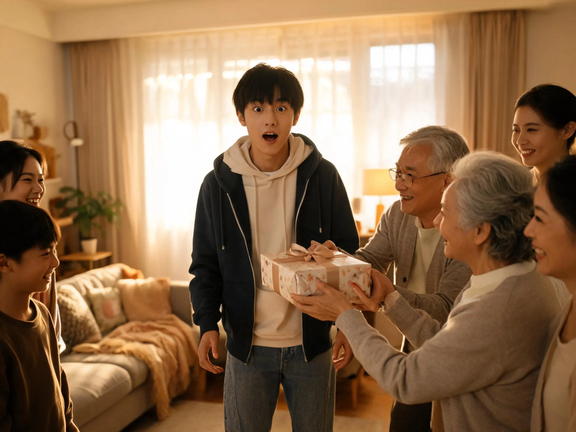 Family surprises teenager with unexpected gift, genuine joyful reaction in warm home light